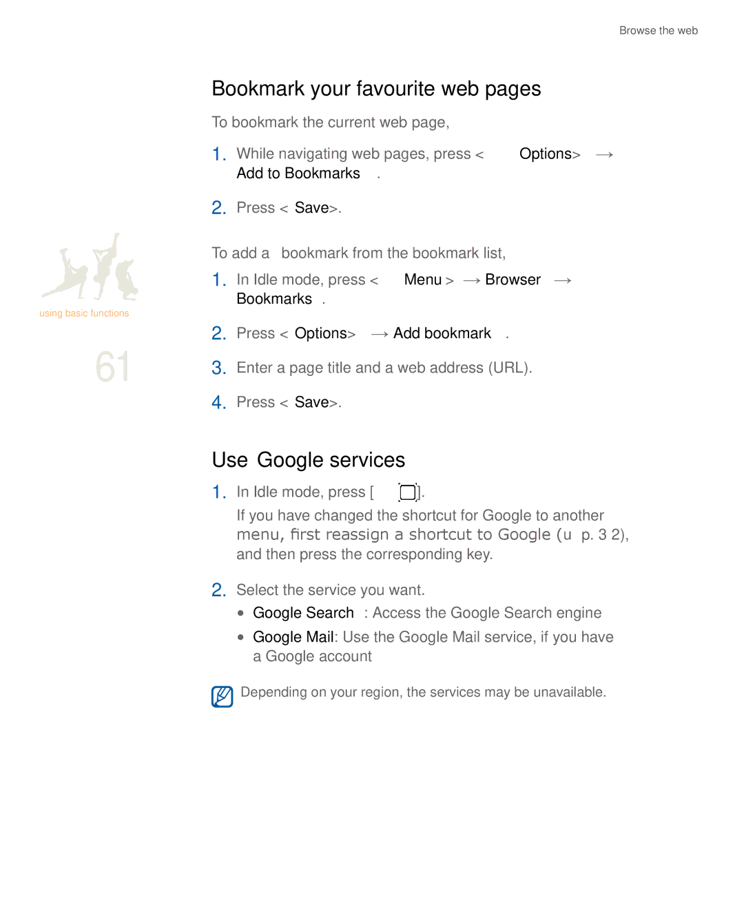 Samsung SGH-U900 user manual Bookmark your favourite web pages, Use Google services 