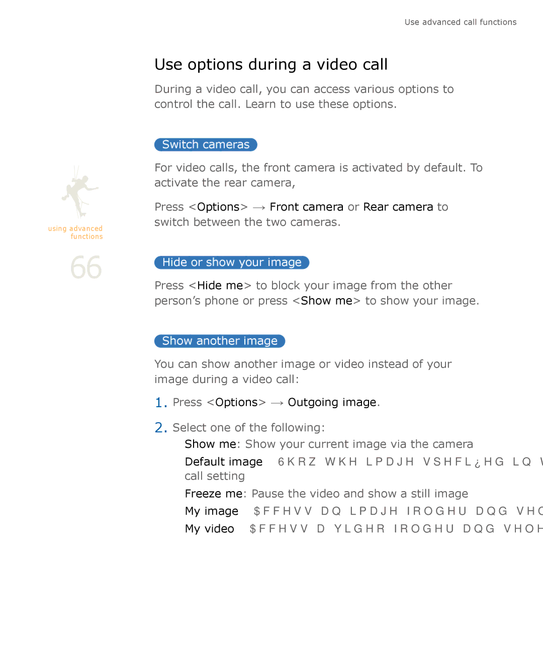 Samsung SGH-U900 user manual Use options during a video call, Switch cameras, Hide or show your image, Show another image 