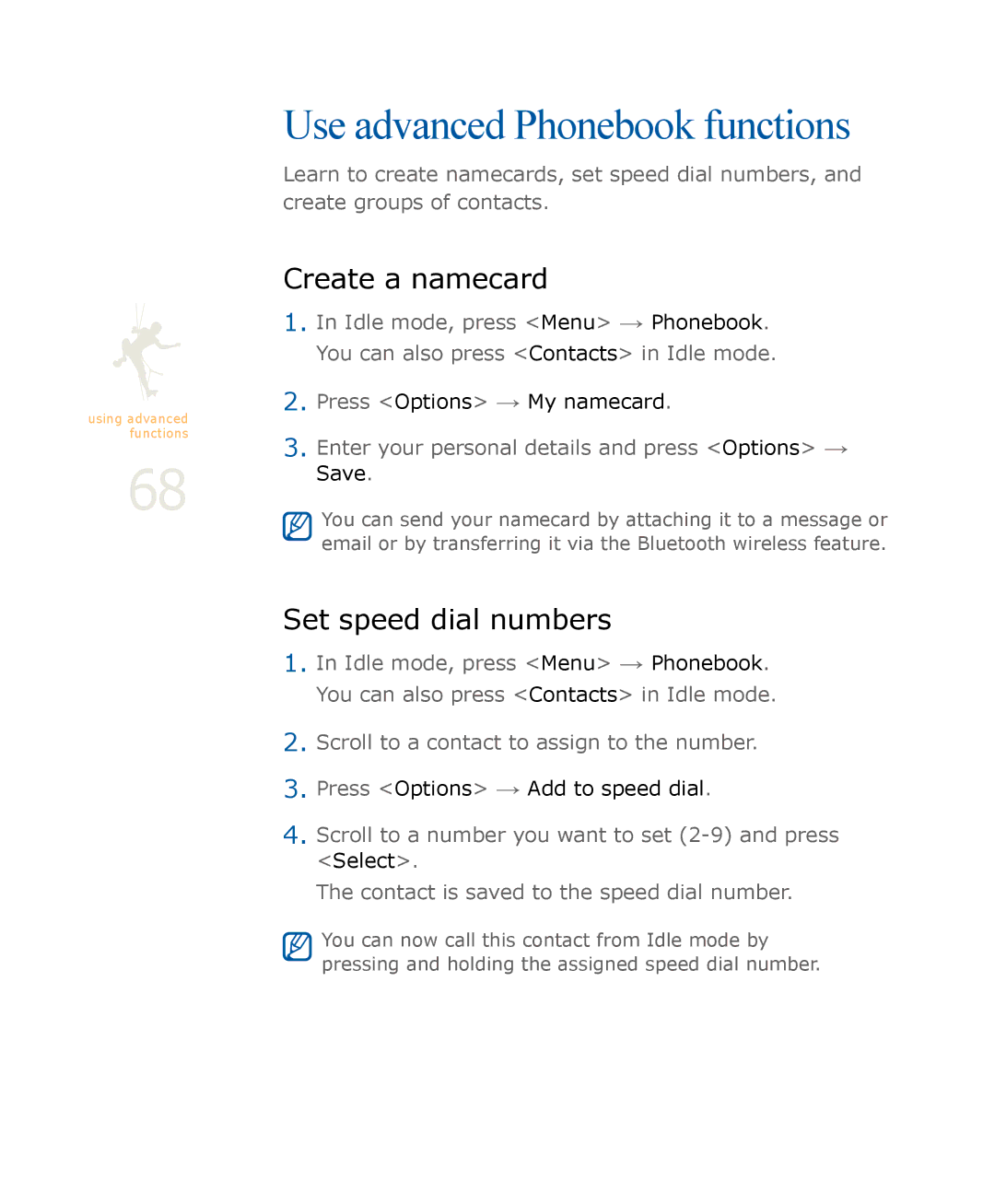 Samsung SGH-U900 user manual Use advanced Phonebook functions, Create a namecard, Set speed dial numbers 