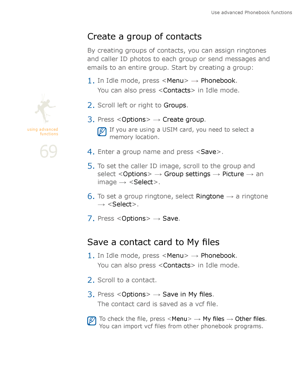 Samsung SGH-U900 user manual Create a group of contacts, Save a contact card to My files 