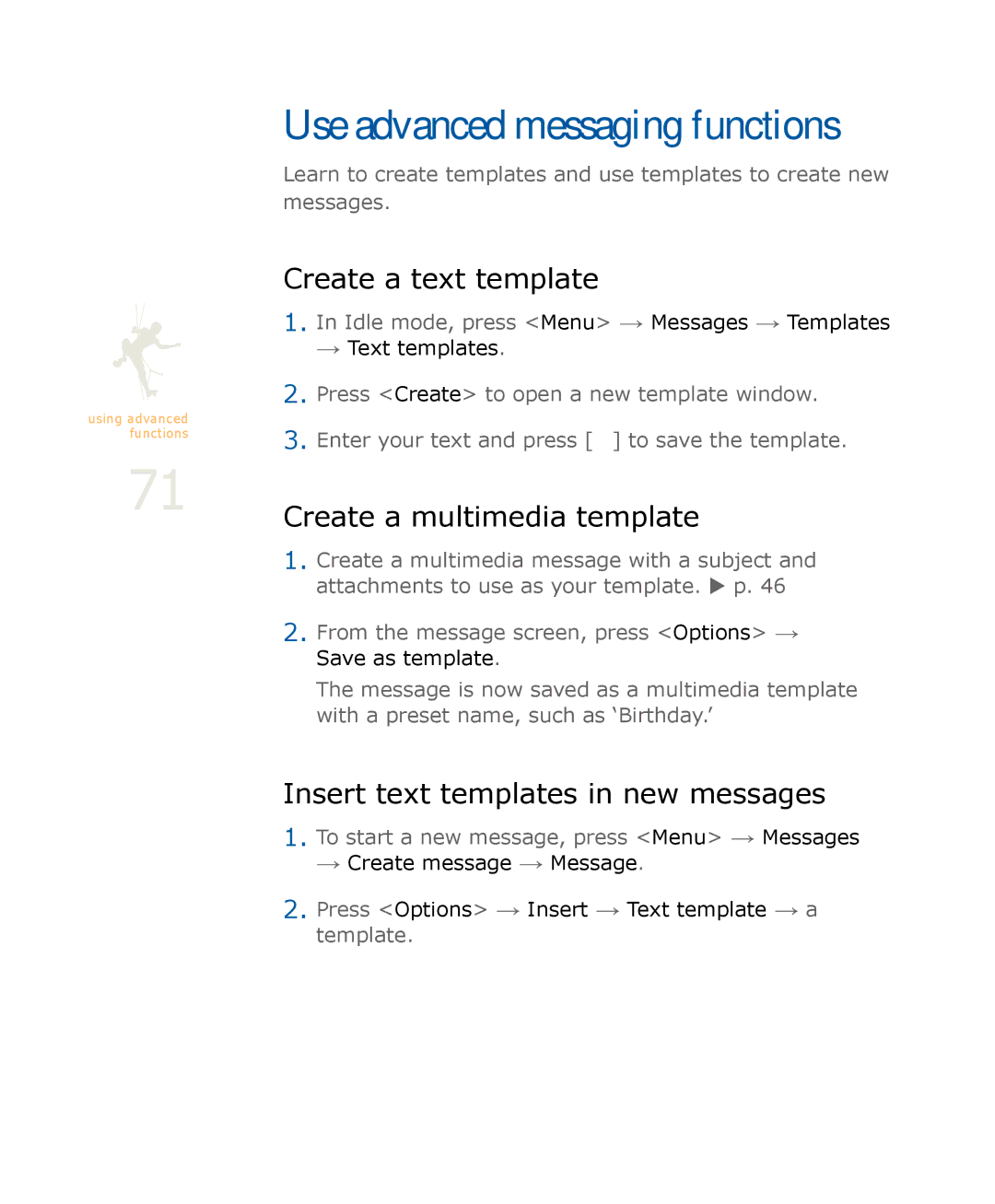 Samsung SGH-U900 user manual Use advanced messaging functions, Create a text template, Create a multimedia template 