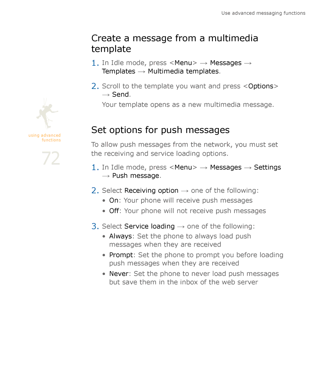 Samsung SGH-U900 user manual Create a message from a multimedia template, Set options for push messages 