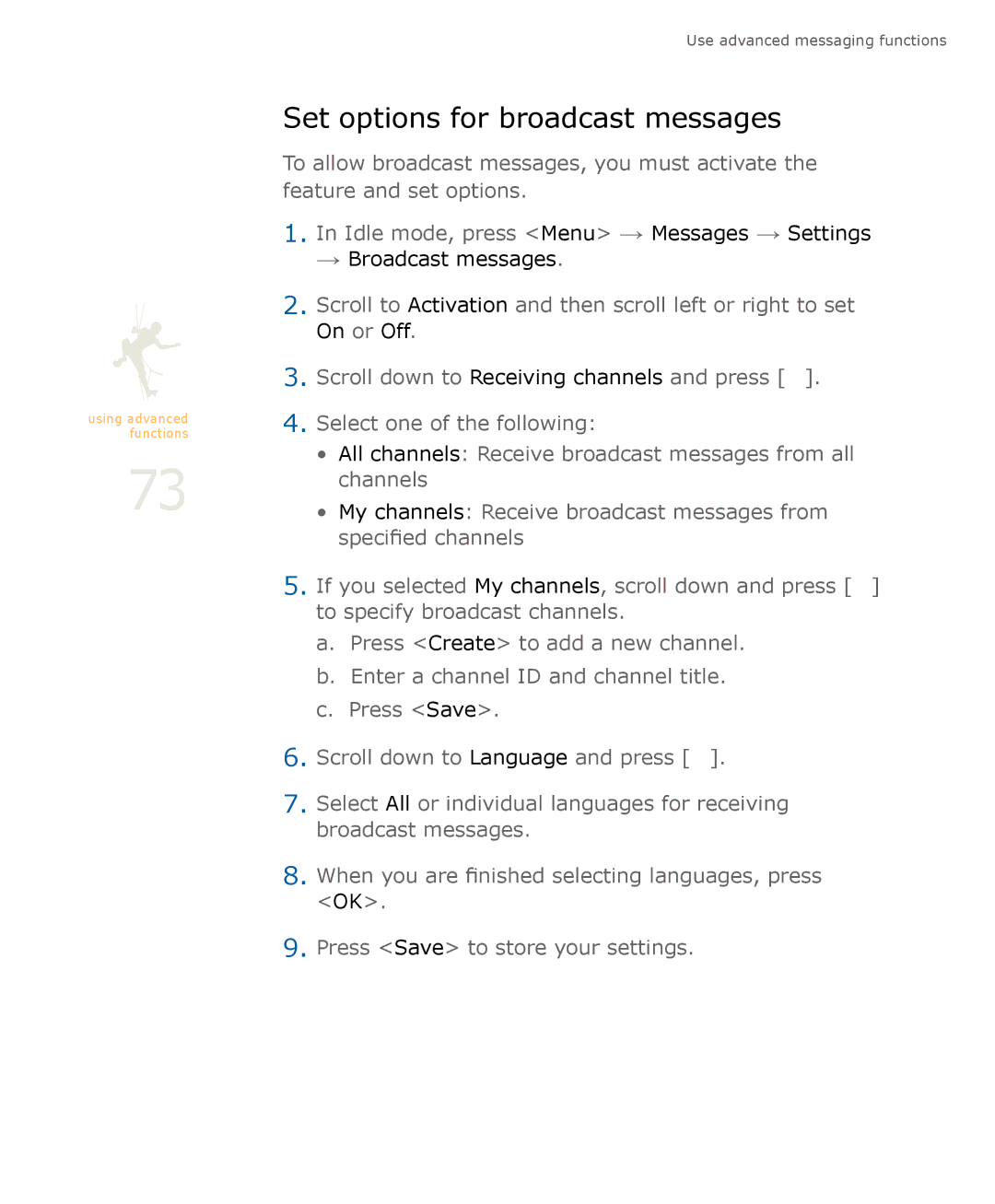 Samsung SGH-U900 user manual Set options for broadcast messages 