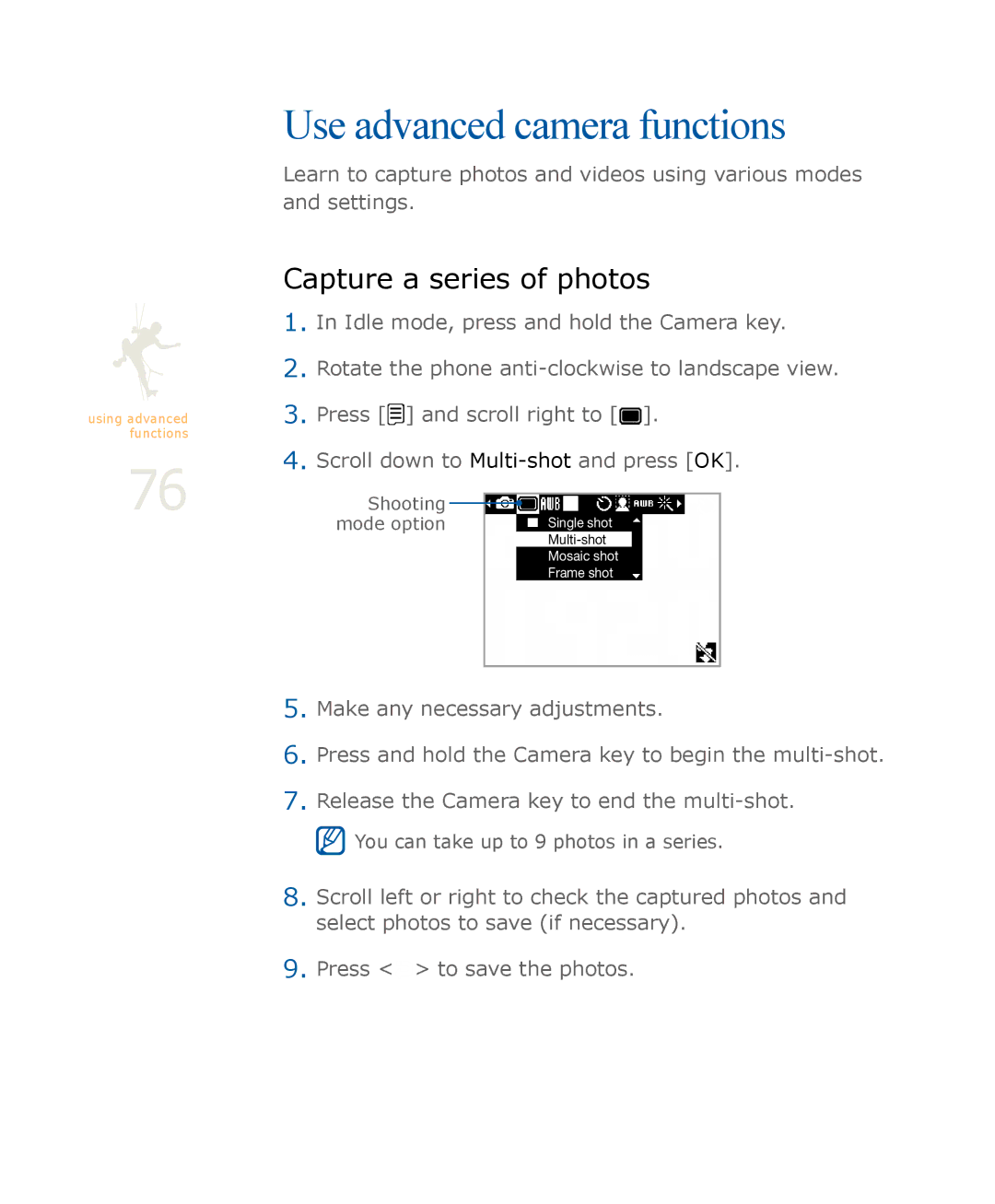 Samsung SGH-U900 user manual Use advanced camera functions, Capture a series of photos 