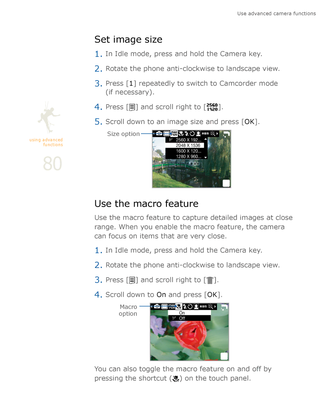 Samsung SGH-U900 user manual Set image size, Use the macro feature 