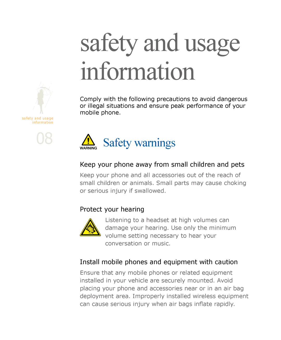 Samsung SGH-U900 user manual Safety and usage information, Safety warnings 