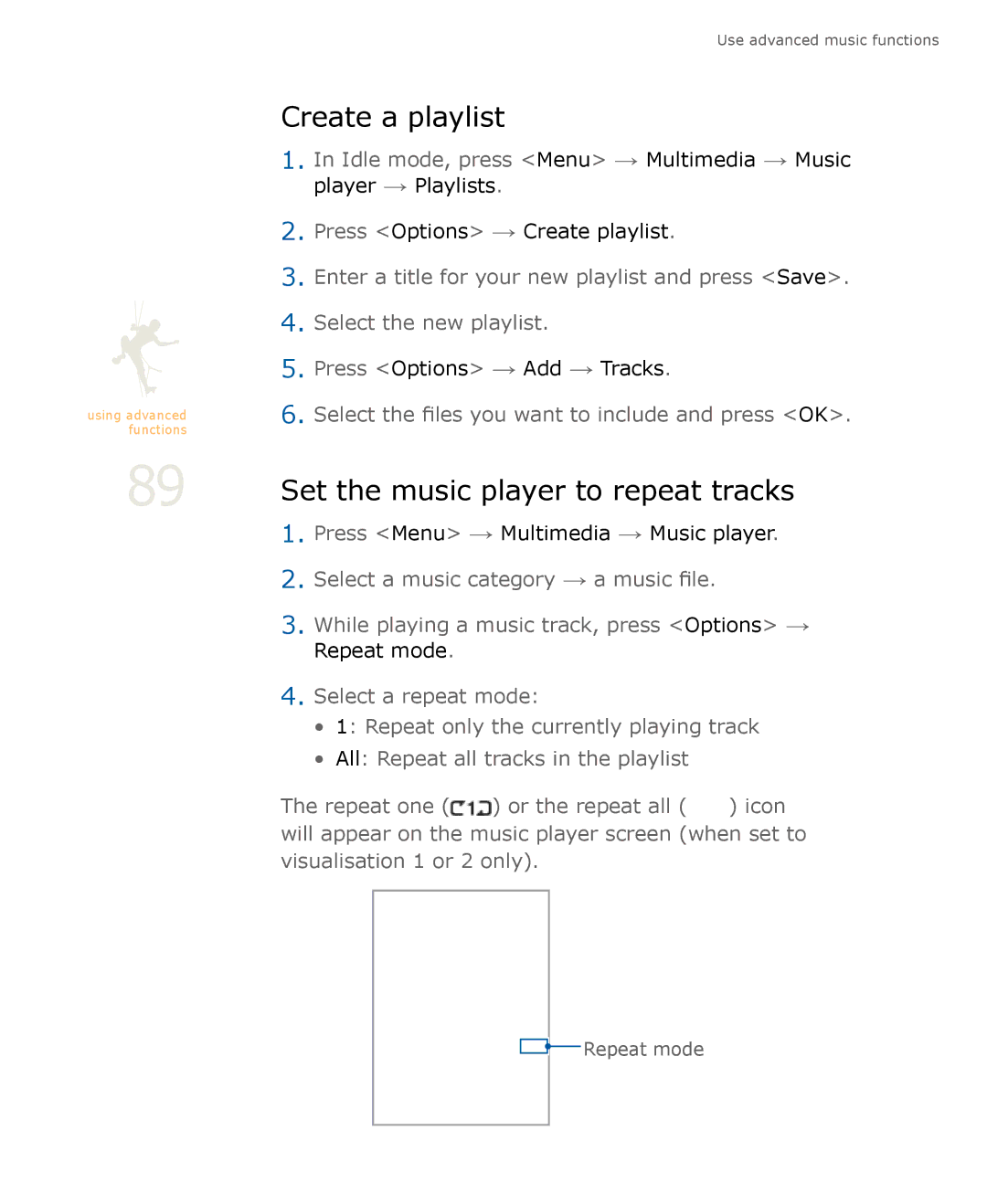 Samsung SGH-U900 user manual Create a playlist, Set the music player to repeat tracks 