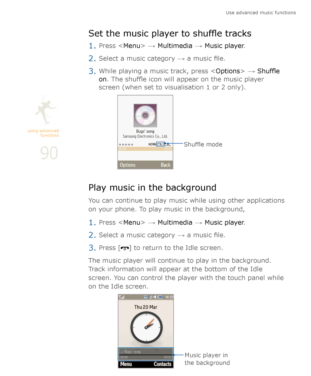 Samsung SGH-U900 user manual Set the music player to shuffle tracks, Play music in the background 