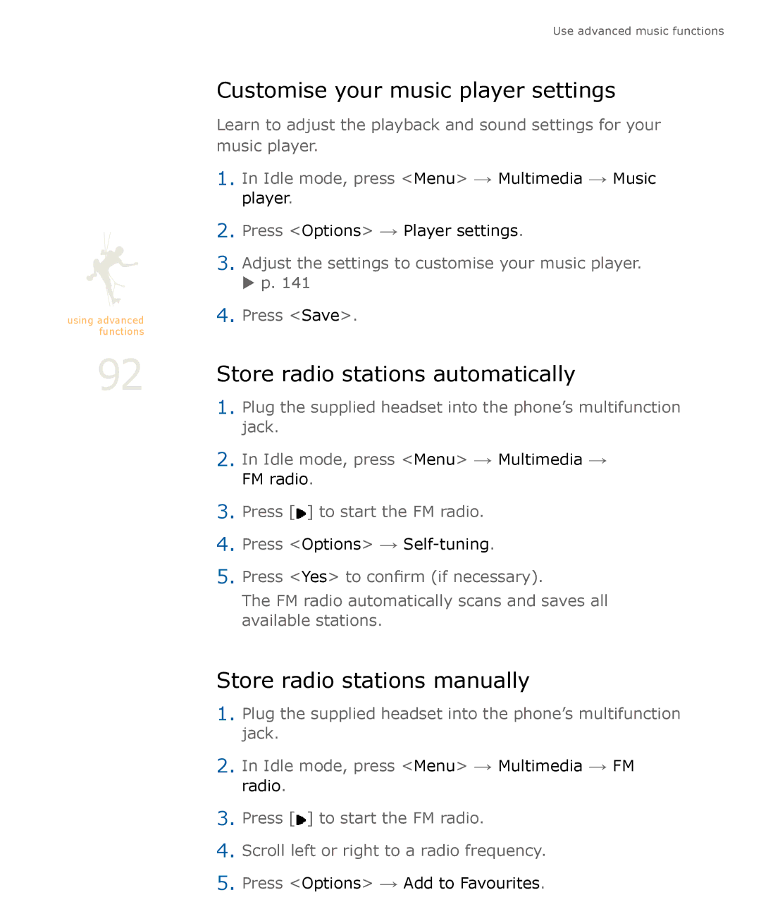 Samsung SGH-U900 Customise your music player settings, Store radio stations automatically, Store radio stations manually 