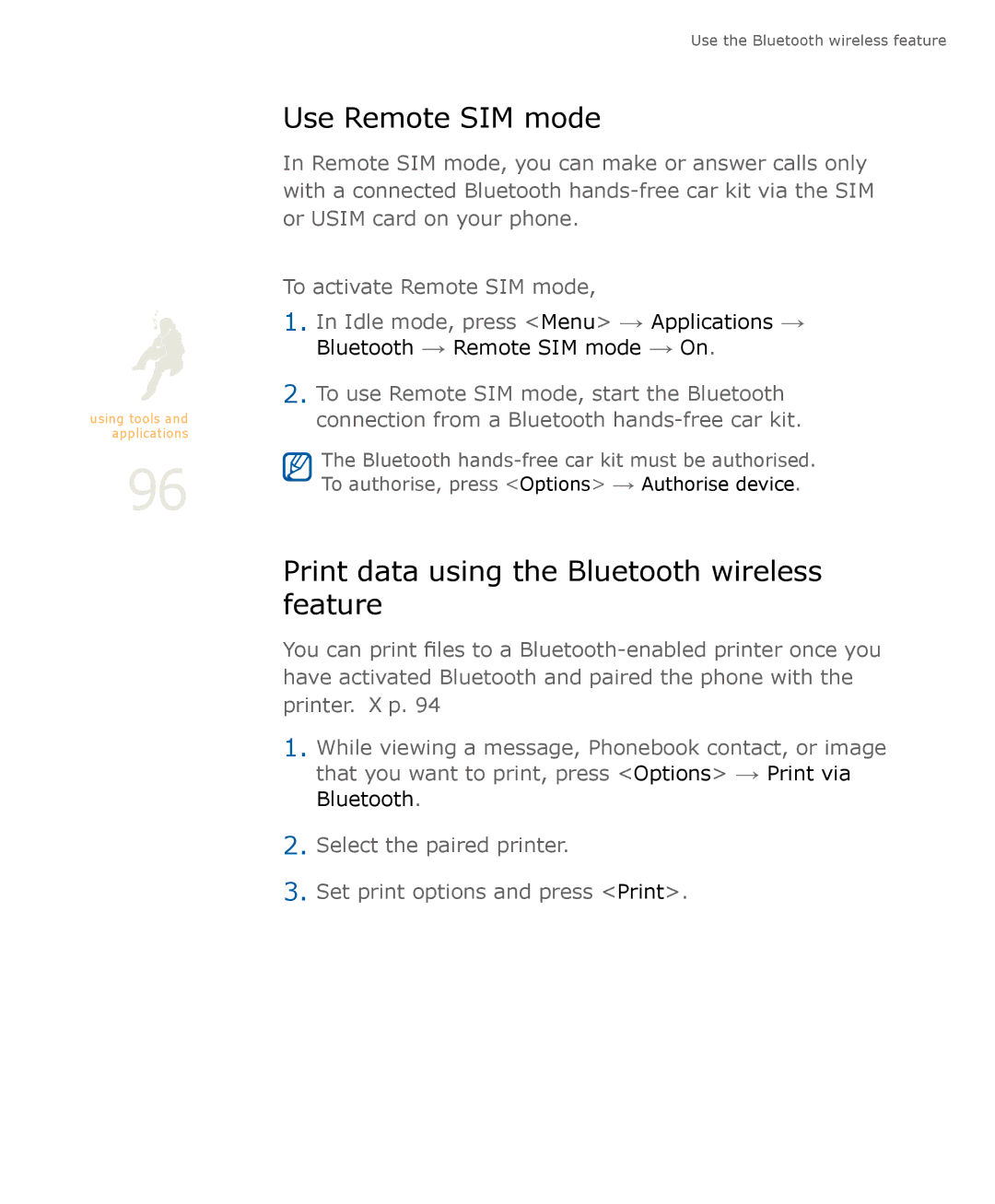 Samsung SGH-U900 user manual Use Remote SIM mode, Print data using the Bluetooth wireless feature 