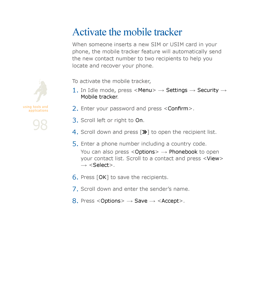 Samsung SGH-U900 user manual Activate the mobile tracker 