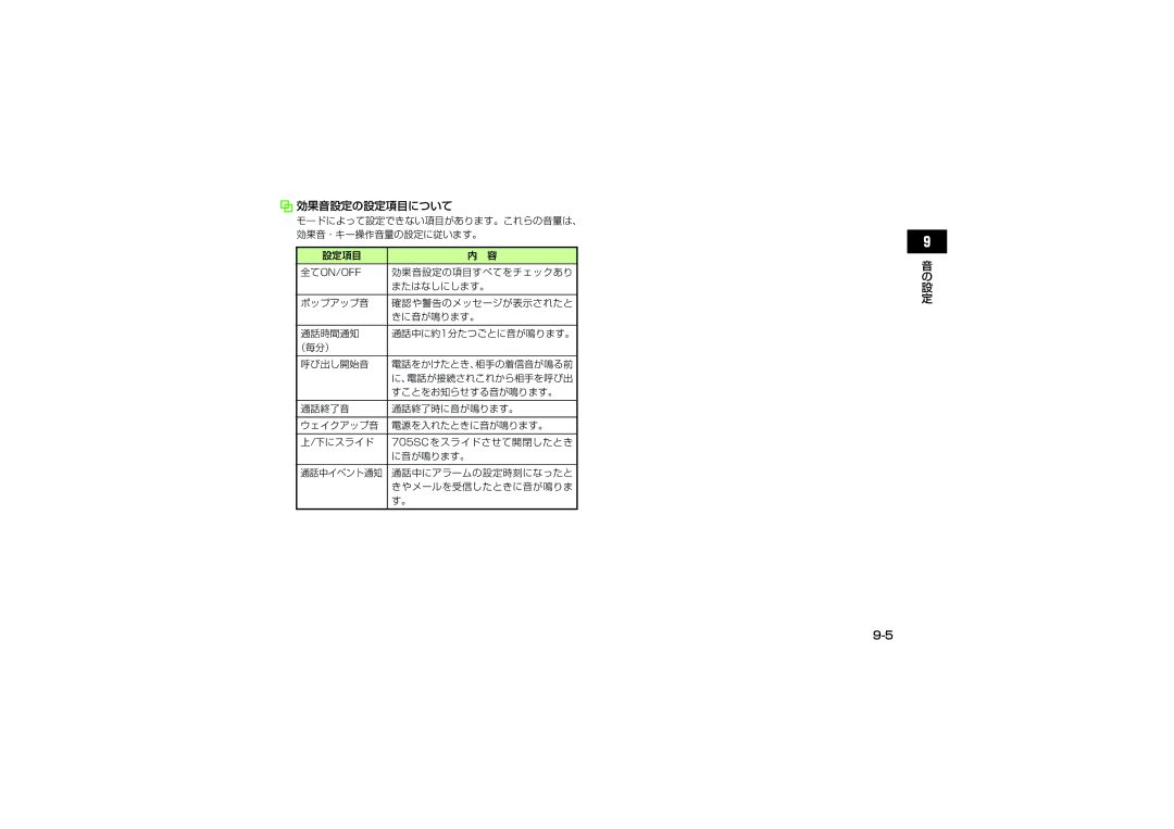 Samsung SGH-V705SBVSBM, SGH-V705ZIVSBM, SGH-V705TRVSBM, SGH-V705YGVSBM, SGH-V705ZKVSBM, SGH-V705WSVSBM manual 効果音設定の設定項目について 