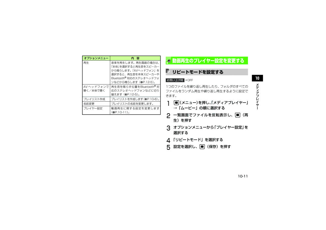 Samsung SGH-V705YGVSBM, SGH-V705ZIVSBM, SGH-V705TRVSBM 「リピートモード」を選択する 設定を選択し、c（保存）を押す, オプションメニューから「プレイヤー設定」を 選択する, 10-11 