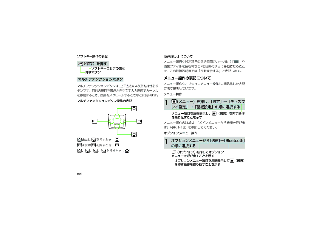 Samsung SGH-V705TRVSBM, SGH-V705ZIVSBM （保存）を押す, メニュー操作の表記について, マルチファンクションボタン, （メニュー）を押し、「設定」→「ディスプ レイ設定」→「壁紙設定」の順に選択する 