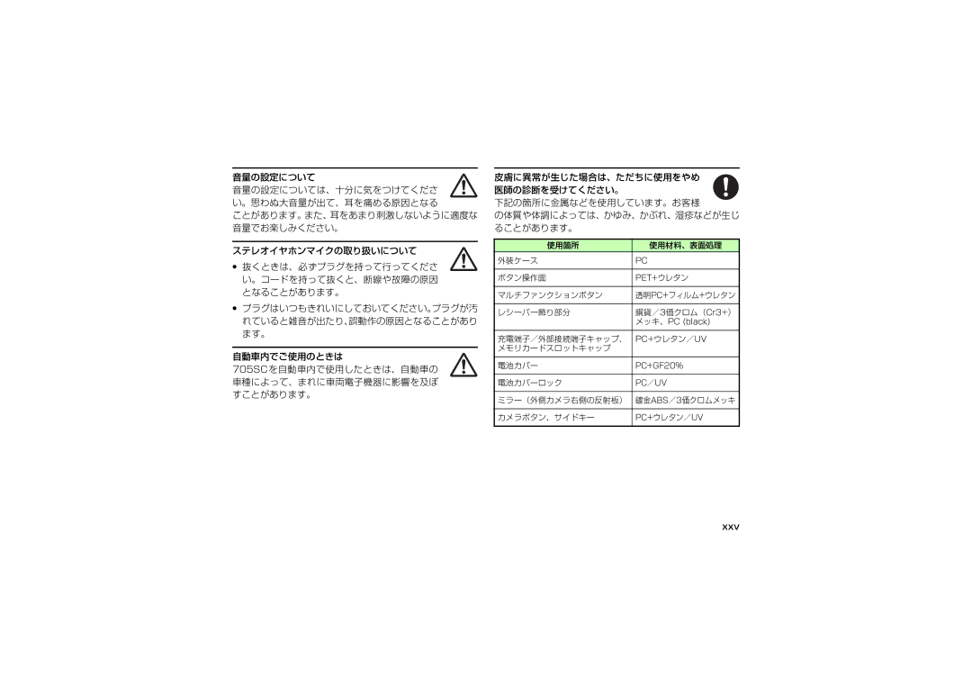 Samsung SGH-V705YGVSBM 音量の設定について 音量の設定については、十分に気をつけてくださ い。思わぬ大音量が出て、耳を痛める原因となる, Xxv, の体質や体調によっては、かゆみ、かぶれ、湿疹などが生じ ることがあります。 