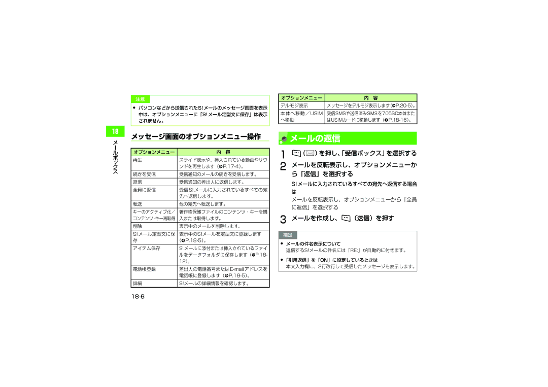 Samsung SGH-V705TRVSBM manual メールの返信, メッセージ画面のオプションメニュー操作, （ ）を押し、「受信ボックス」を選択する メールを反転表示し、オプションメニューか ら「返信」を選択する, 18-6 