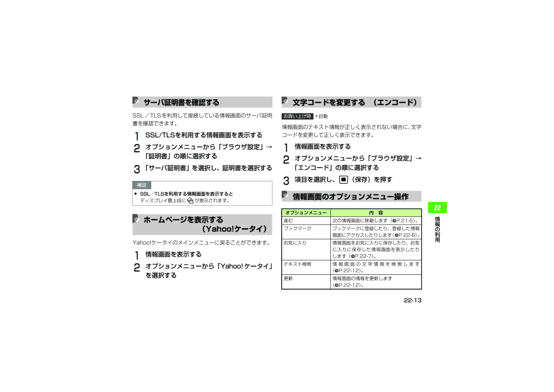 Samsung SGH-V705WSVSBM ホームページを表示する （Yahoo!ケータイ）, 情報画面のオプションメニュー操作, サーバ証明書を確認する, 文字コードを変更する （エンコード）, Ssl/Tlsを利用する情報画面を表示する 