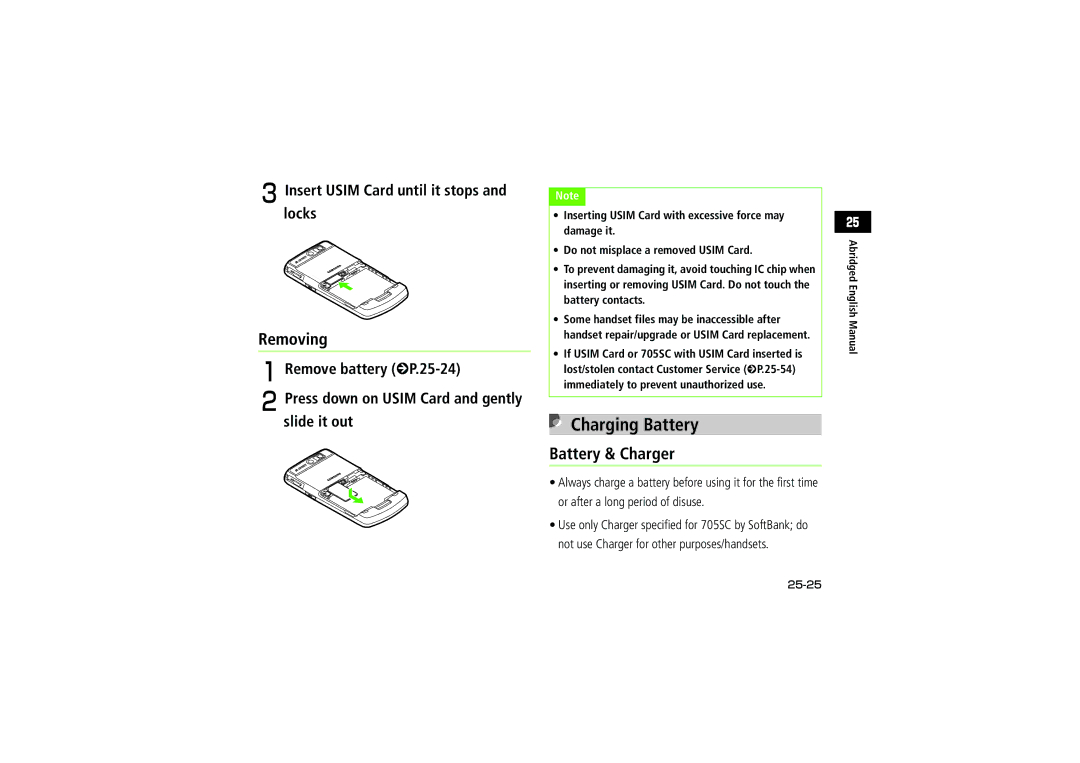 Samsung SGH-V705ZIVSBM, SGH-V705TRVSBM, SGH-V705YGVSBM manual Charging Battery, CInsert Usim Card until it stops Locks, 25-25 