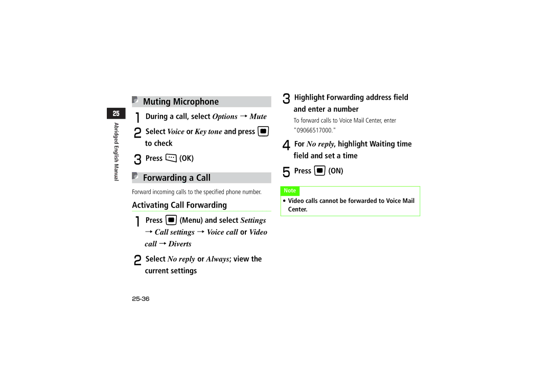 Samsung SGH-V705ZKVSBM, SGH-V705ZIVSBM, SGH-V705TRVSBM, SGH-V705YGVSBM manual Muting Microphone, Forwarding a Call, 25-36 