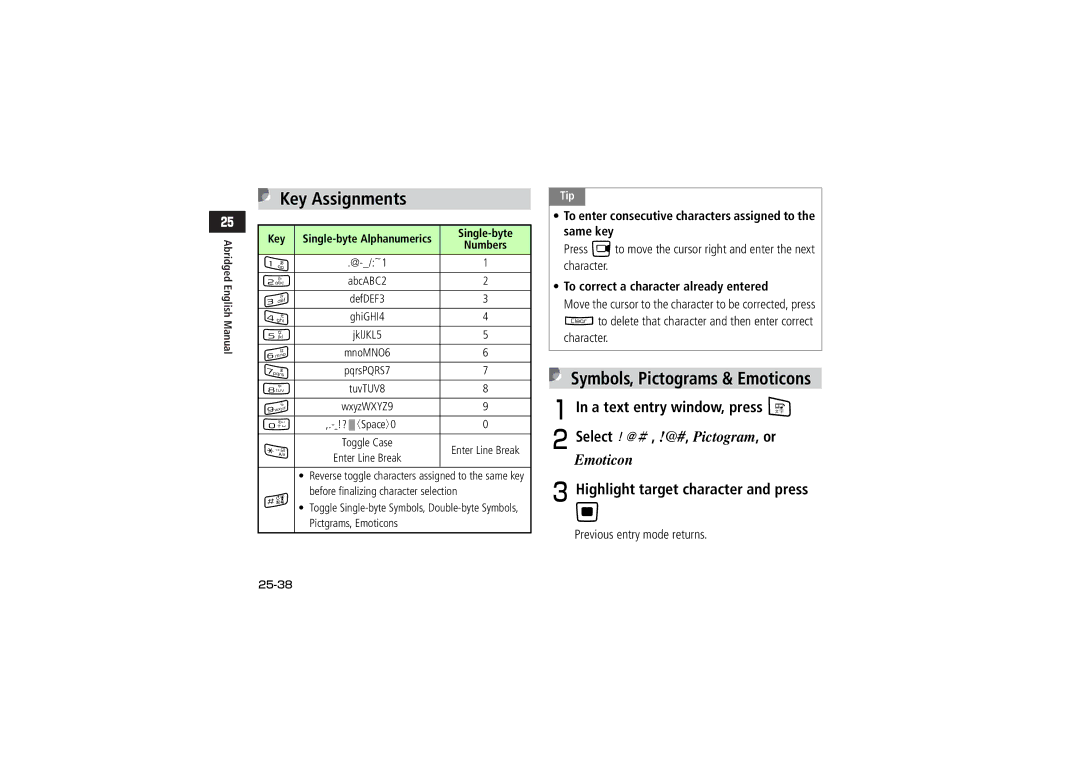 Samsung SGH-V705BGVSBM Key Assignments, AIn a text entry window, press e, CHighlight target character and press c, 25-38 