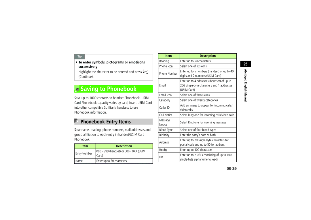 Samsung SGH-V705SBVSBM, SGH-V705ZIVSBM, SGH-V705TRVSBM, SGH-V705YGVSBM, SGH-V705ZKVSBM, SGH-V705WSVSBM Phonebook Entry Items 