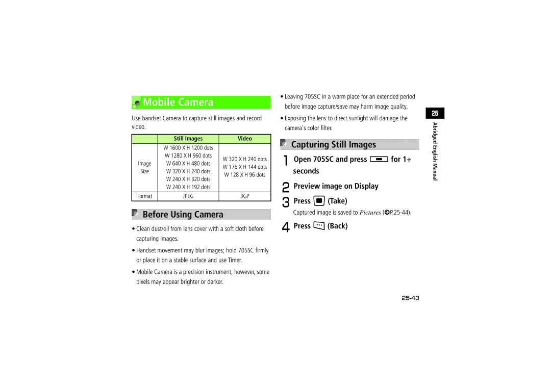 Samsung SGH-V705YGVSBM, SGH-V705ZIVSBM, SGH-V705TRVSBM Before Using Camera, Capturing Still Images, DPress wBack, 25-43 