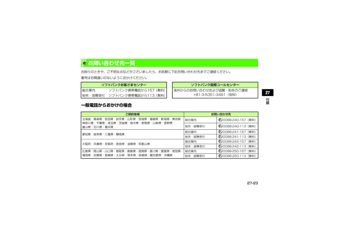 Samsung SGH-V705WSVSBM, SGH-V705ZIVSBM, SGH-V705TRVSBM, SGH-V705YGVSBM お問い合わせ先一覧, 一般電話からおかけの場合, +81-3-5351-3491（有料）, 27-23 