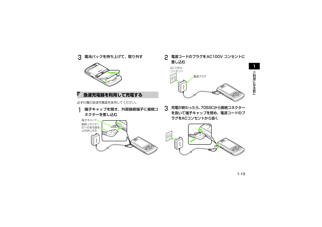 Samsung SGH-V705ZIVSBM manual 急速充電器を利用して充電する, 電池パックを持ち上げて、取り外す, 端子キャップを開き、外部接続端子に接続コ ネクターを差し込む, 電源コードのプラグをAC100V コンセントに 