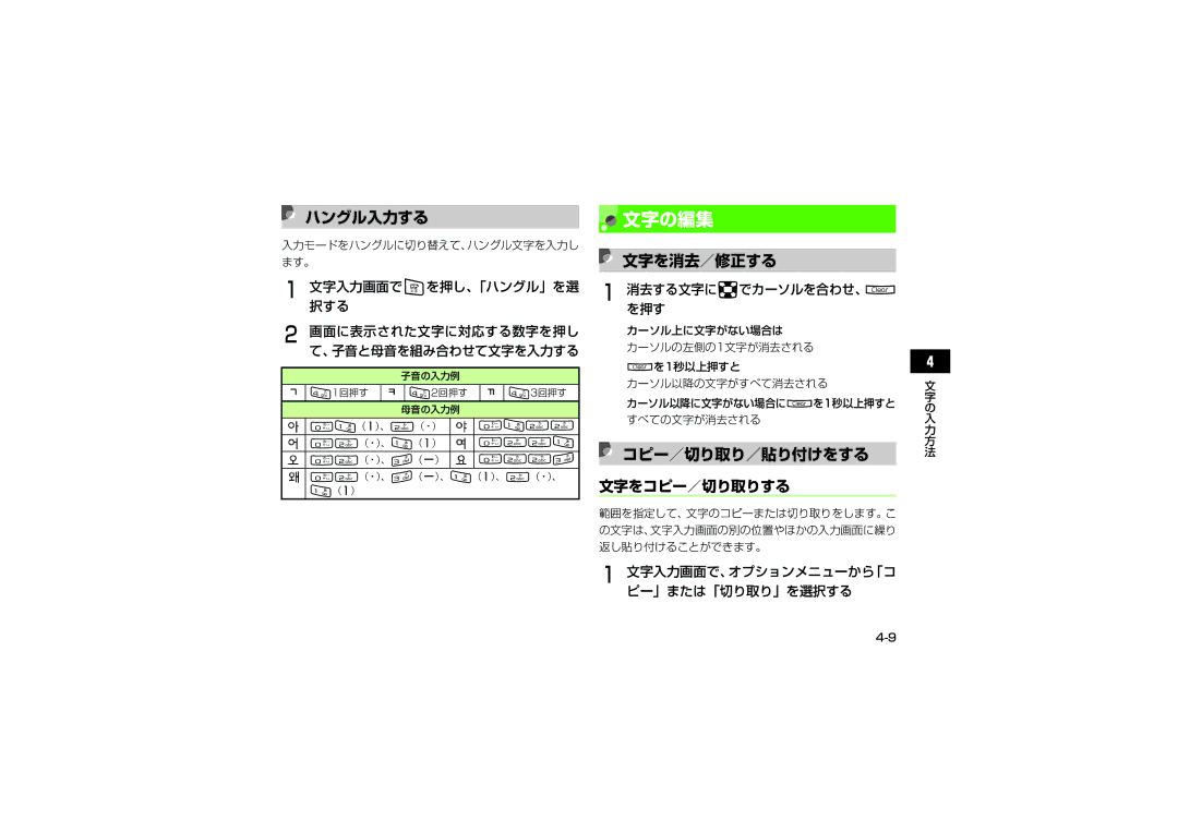 Samsung SGH-V705WSVSBM, SGH-V705ZIVSBM, SGH-V705TRVSBM manual 文字の編集, ハングル入力する, 文字を消去／修正する, コピー／切り取り／貼り付けをする, 文字をコピー／切り取りする 