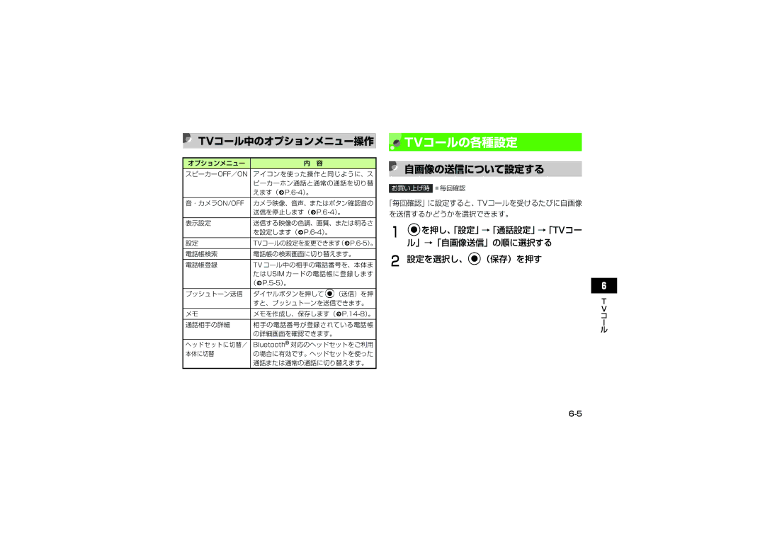 Samsung SGH-V707ZRVSBM manual Tvコールの各種設定, Tvコール中のオプションメニュー操作, 自画像の送信について設定する, Cを押し、「設定」→「通話設定」→「Tvコー ル」→「自画像送信」の順に選択する 