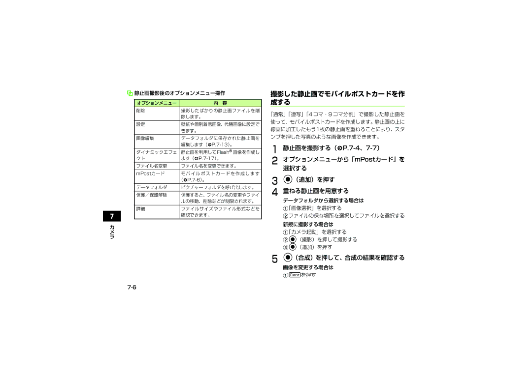 Samsung SGH-V707ZWVSBM, SGH-V707ZRVSBM 撮影した静止画でモバイルポストカードを作 成する, （合成）を押して、合成の結果を確認する, 静止画撮影後のオプションメニュー操作, 画像を変更する場合は Acを押す 