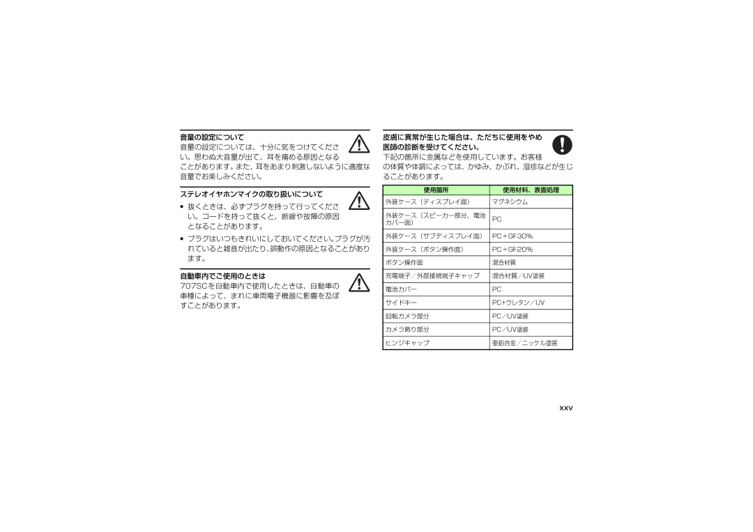 Samsung SGH-V707LBVSBM, SGH-V707ZRVSBM, SGH-V707RIVSBM manual 音量の設定について 音量の設定については、十分に気をつけてくださ い。思わぬ大音量が出て、耳を痛める原因となる, Xxv 