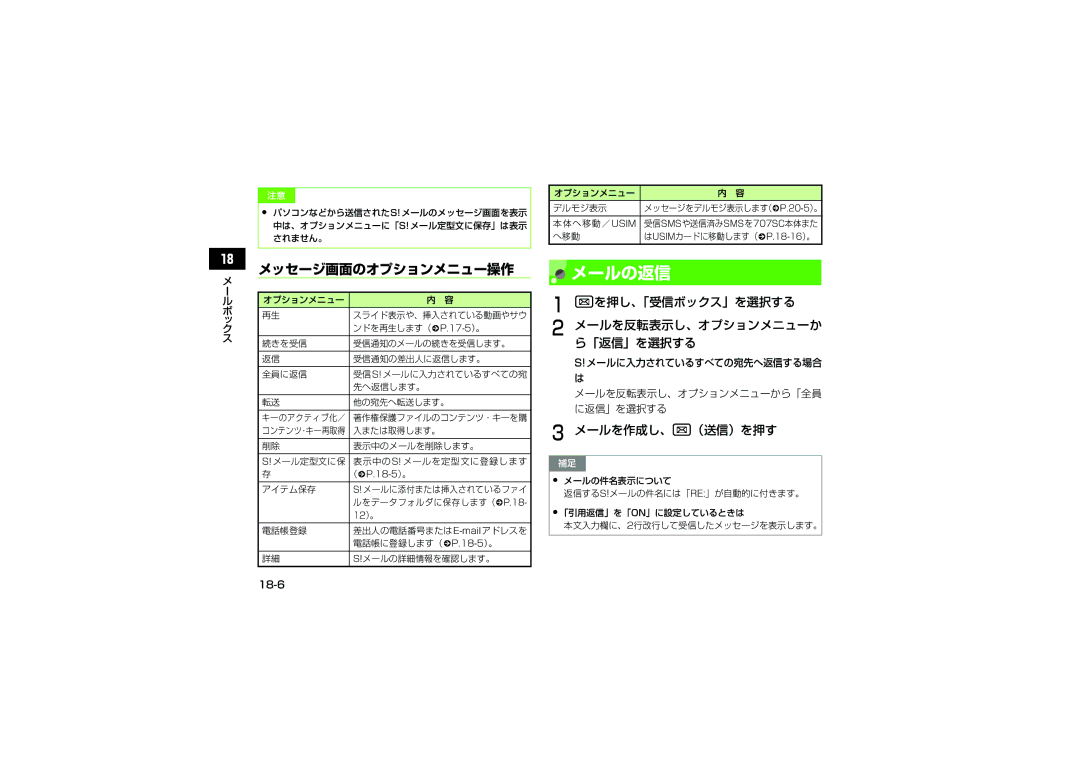 Samsung SGH-V707ZWVSBM manual メールの返信, メッセージ画面のオプションメニュー操作, Wを押し、「受信ボックス」を選択する メールを反転表示し、オプションメニューか ら「返信」を選択する, 18-6 