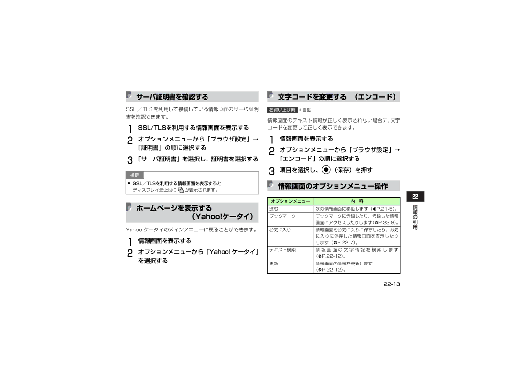 Samsung SGH-V707ZIVSBM ホームページを表示する （Yahoo!ケータイ）, 情報画面のオプションメニュー操作, サーバ証明書を確認する, 文字コードを変更する （エンコード）, Ssl/Tlsを利用する情報画面を表示する 