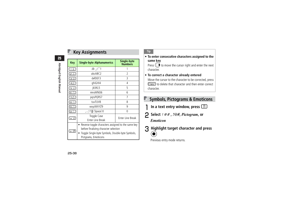 Samsung SGH-V707RIVSBM Key Assignments, AIn a text entry window, press e, CHighlight target character and press c, 25-38 