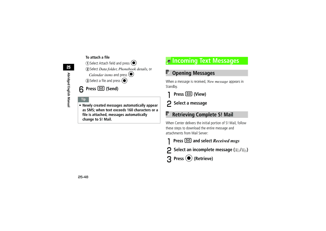 Samsung SGH-V707ZKVSBM FPress wSend, APress wView BSelect a message, BSelect an incomplete message / CPress cRetrieve 