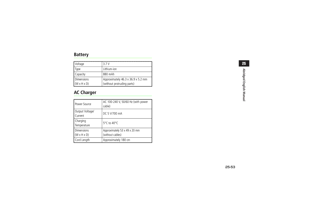 Samsung SGH-V707ZIVSBM manual Approximately 46.3 x 36.9 x 5.2 mm, Approximately 53 x 49 x 20 mm, Without cables, 25-53 