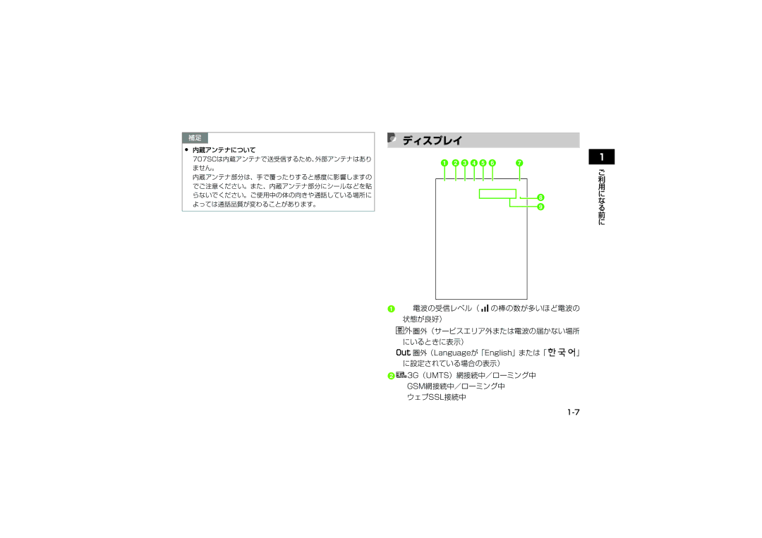 Samsung SGH-V707ZRVSBM, SGH-V707RIVSBM, SGH-V707LBVSBM, SGH-V707ZWVSBM, SGH-V707ZIVSBM, SGH-V707ZKVSBM manual ディスプレイ 