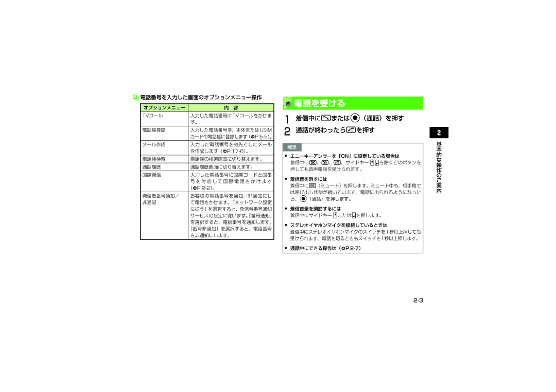 Samsung SGH-V707ZRVSBM, SGH-V707RIVSBM, SGH-V707LBVSBM manual 電話を受ける, 着信中にtまたはc（通話）を押す 通話が終わったらyを押す, 電話番号を入力した画面のオプションメニュー操作 