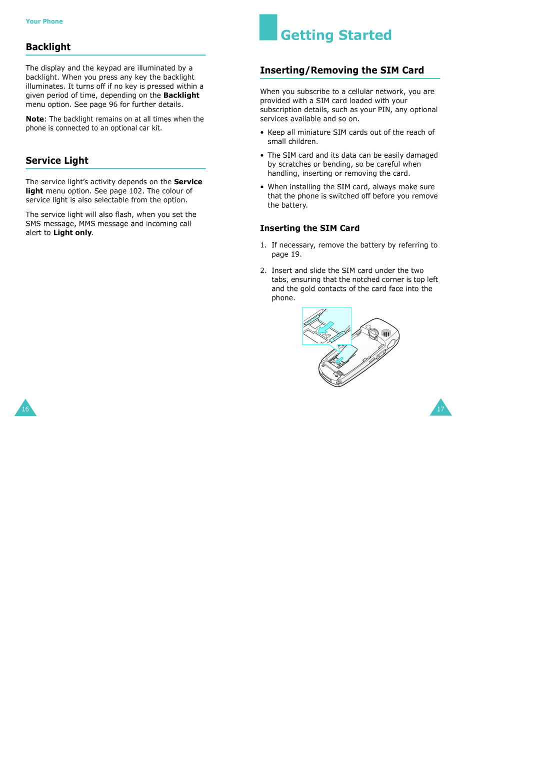 Samsung SGH-X100 manual Getting Started, Backlight, Service Light, Inserting/Removing the SIM Card, Inserting the SIM Card 