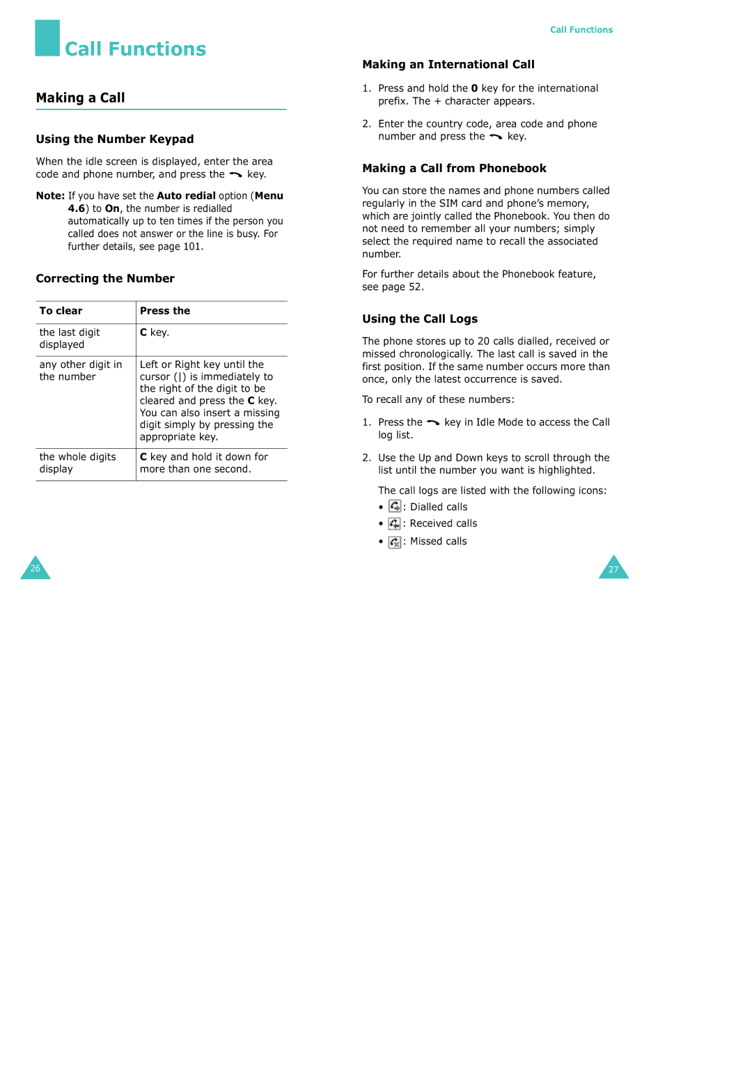 Samsung SGH-X100 manual Call Functions, Making a Call 