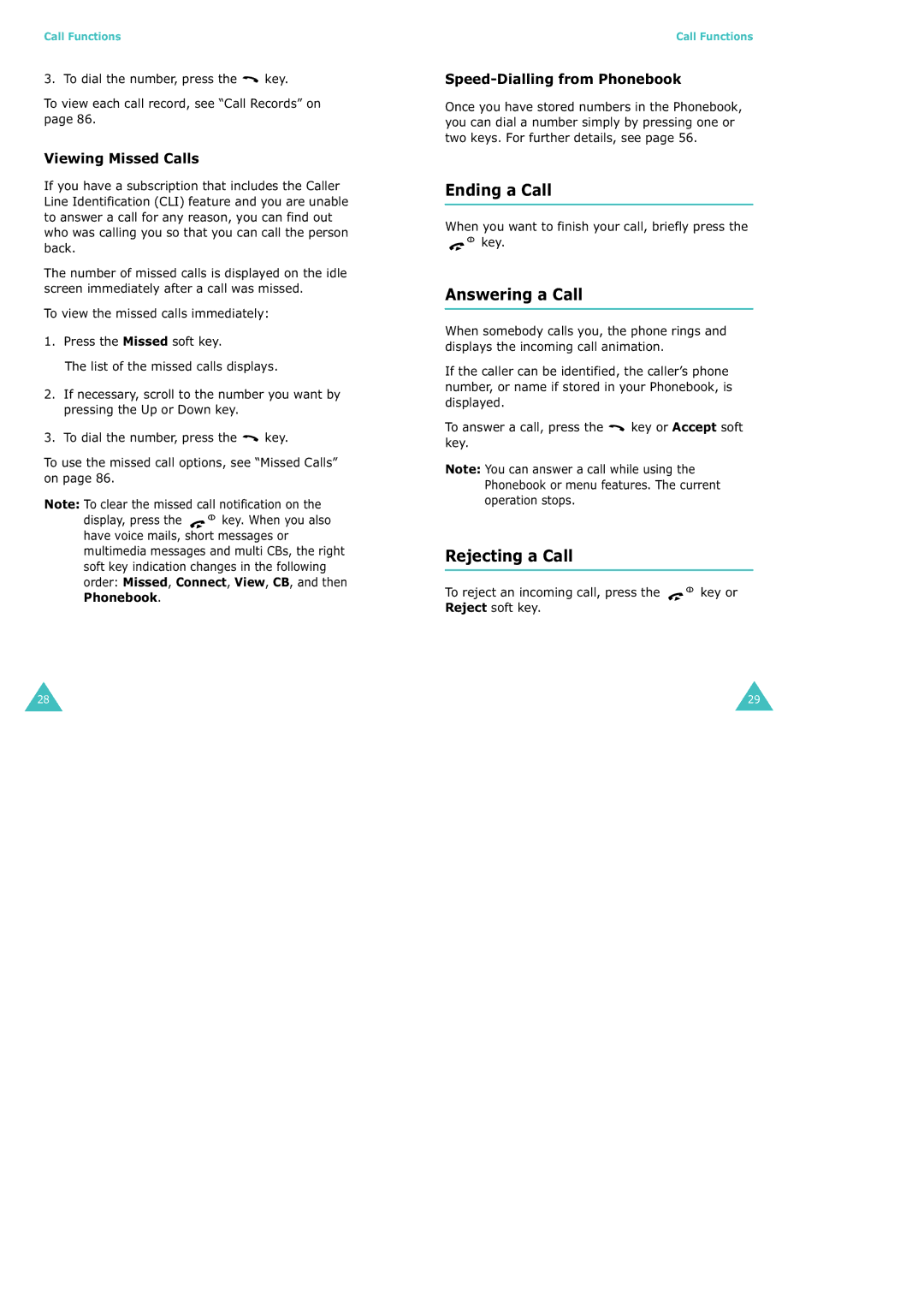 Samsung SGH-X100 Ending a Call, Answering a Call, Rejecting a Call, Viewing Missed Calls, Speed-Dialling from Phonebook 