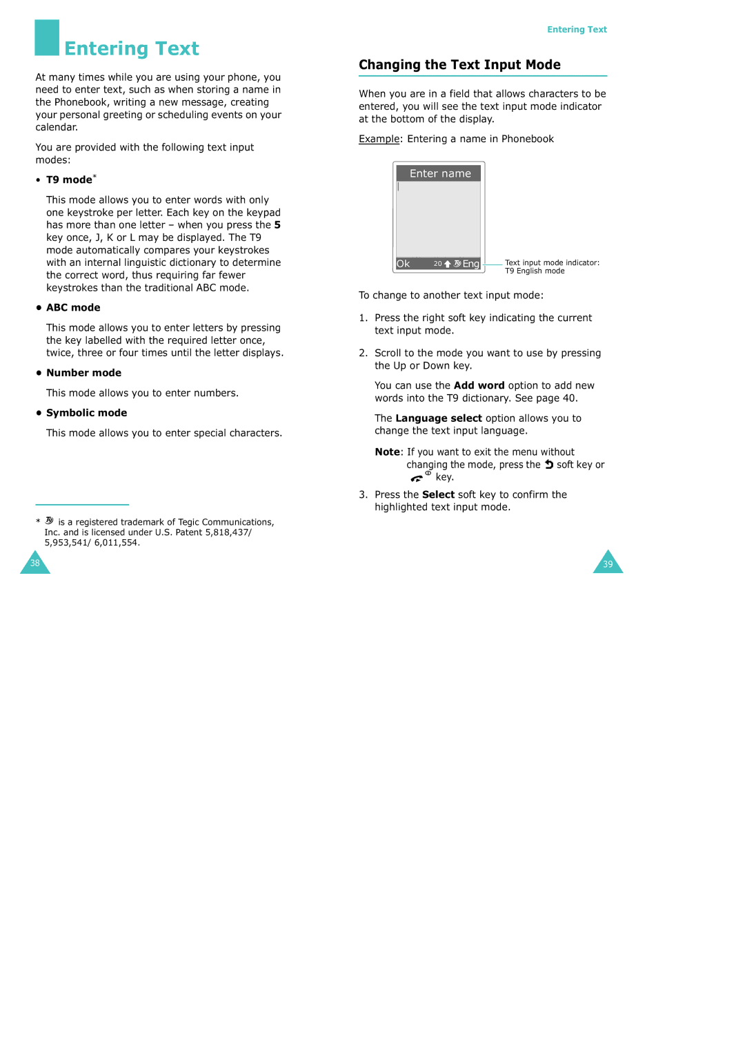 Samsung SGH-X100 manual Entering Text, Changing the Text Input Mode 