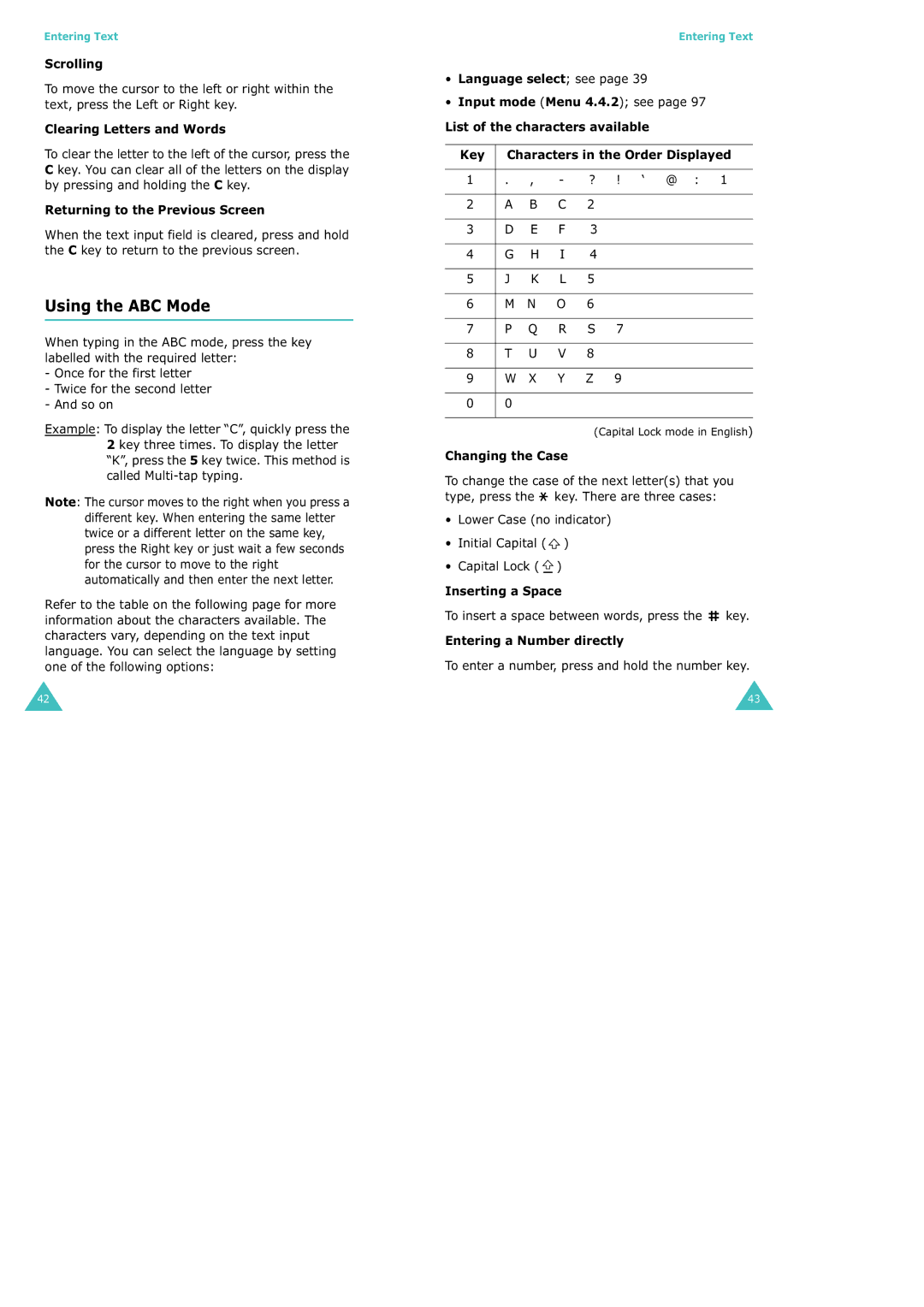 Samsung SGH-X100 manual Using the ABC Mode, Scrolling, Clearing Letters and Words, Returning to the Previous Screen, ‘ @ 