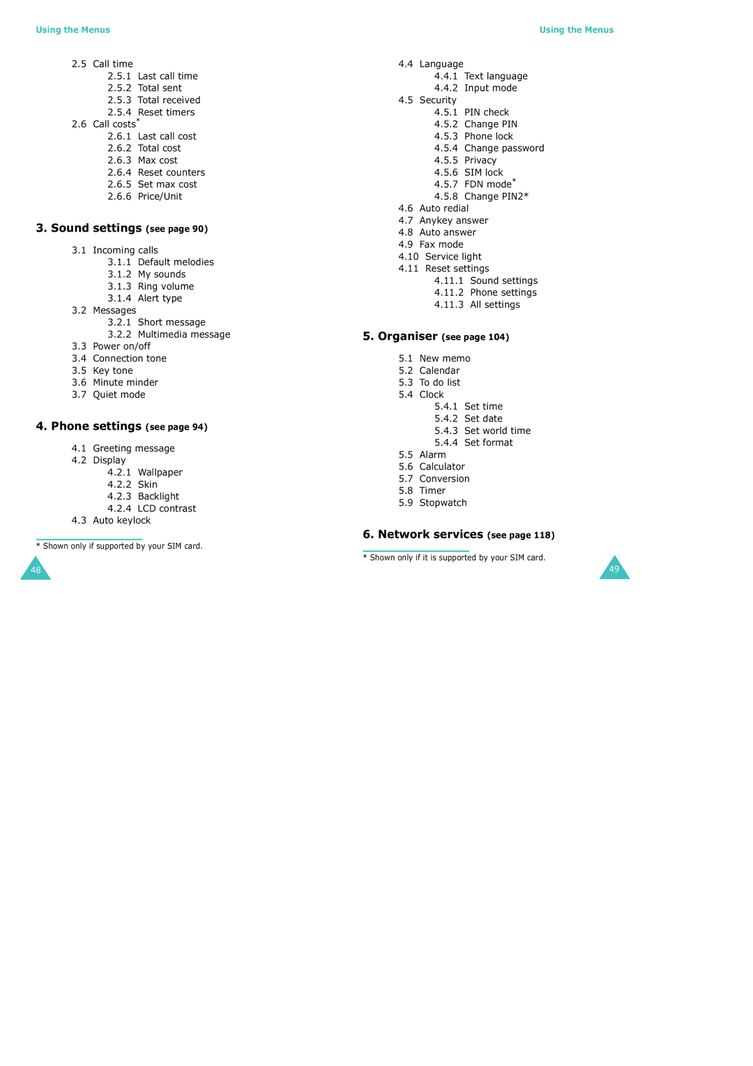 Samsung SGH-X100 manual Sound settings see, Phone settings see, Network services see 