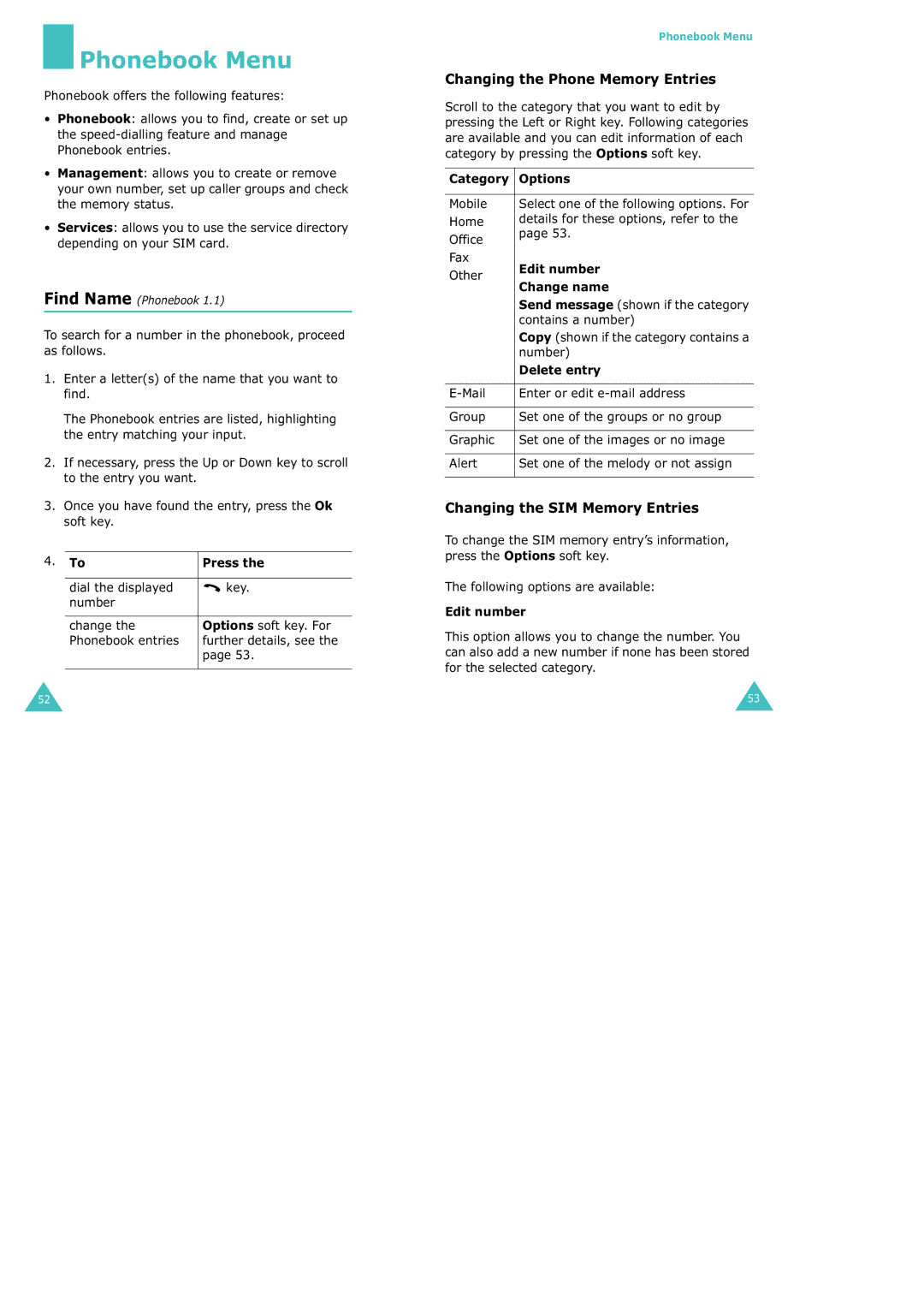 Samsung SGH-X100 manual Phonebook Menu, Changing the Phone Memory Entries, Changing the SIM Memory Entries 