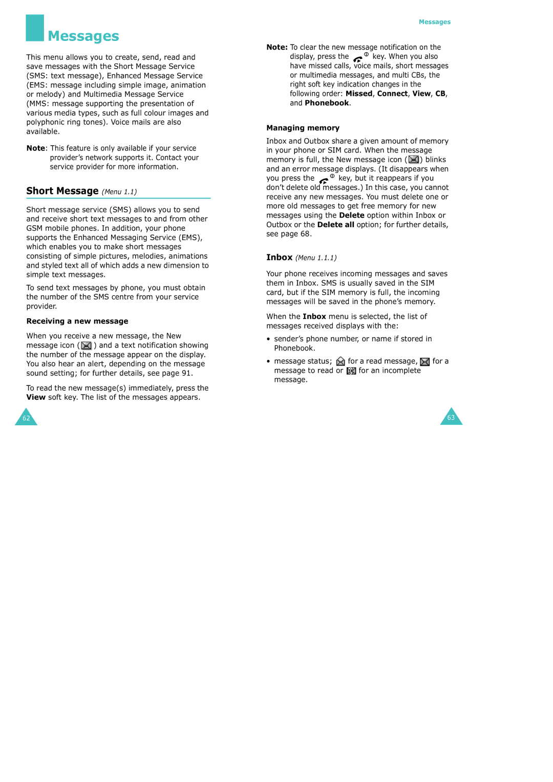 Samsung SGH-X100 manual Messages, Short Message Menu, Receiving a new message, Managing memory, Inbox Menu 