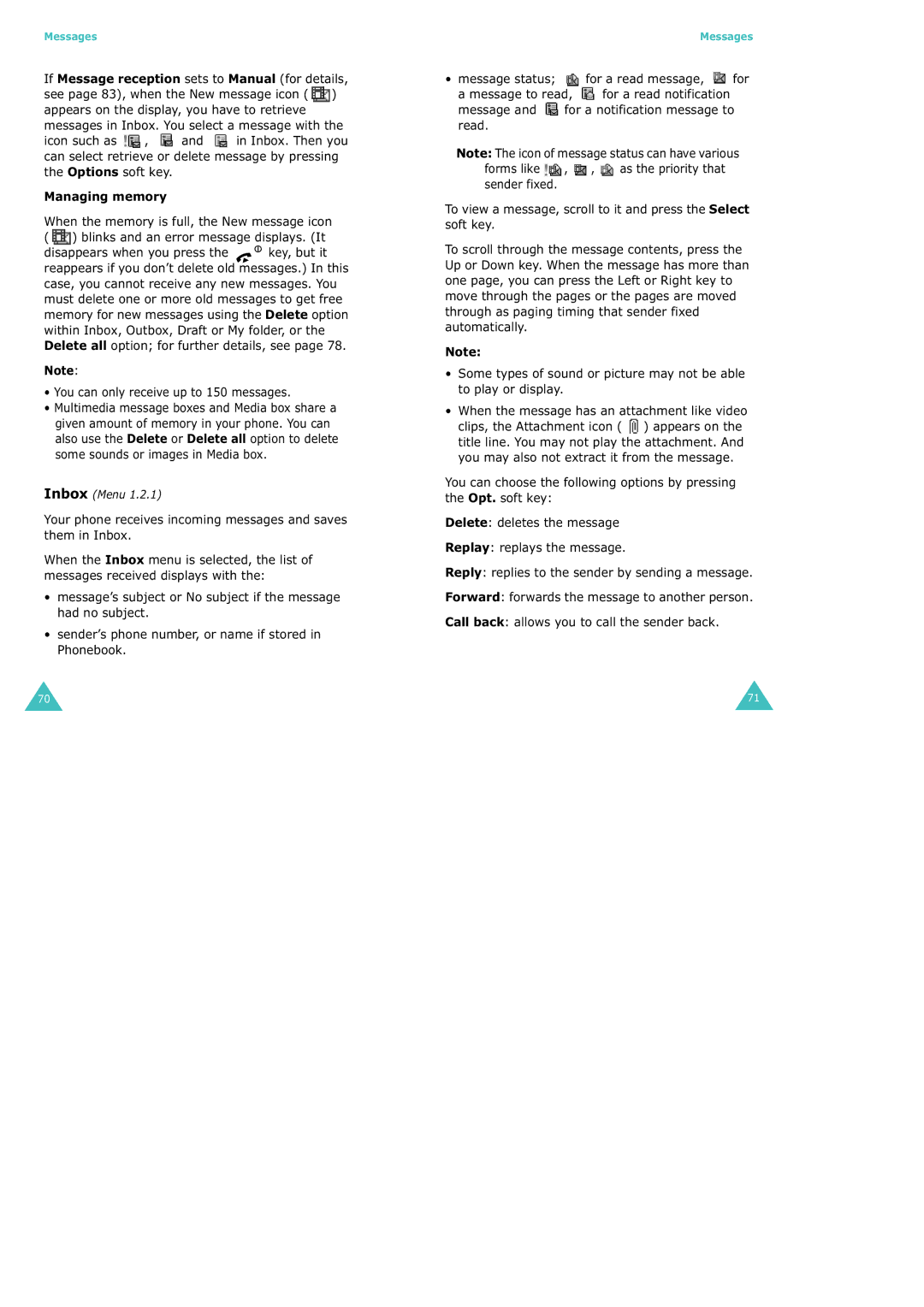 Samsung SGH-X100 manual Managing memory, You can only receive up to 150 messages 