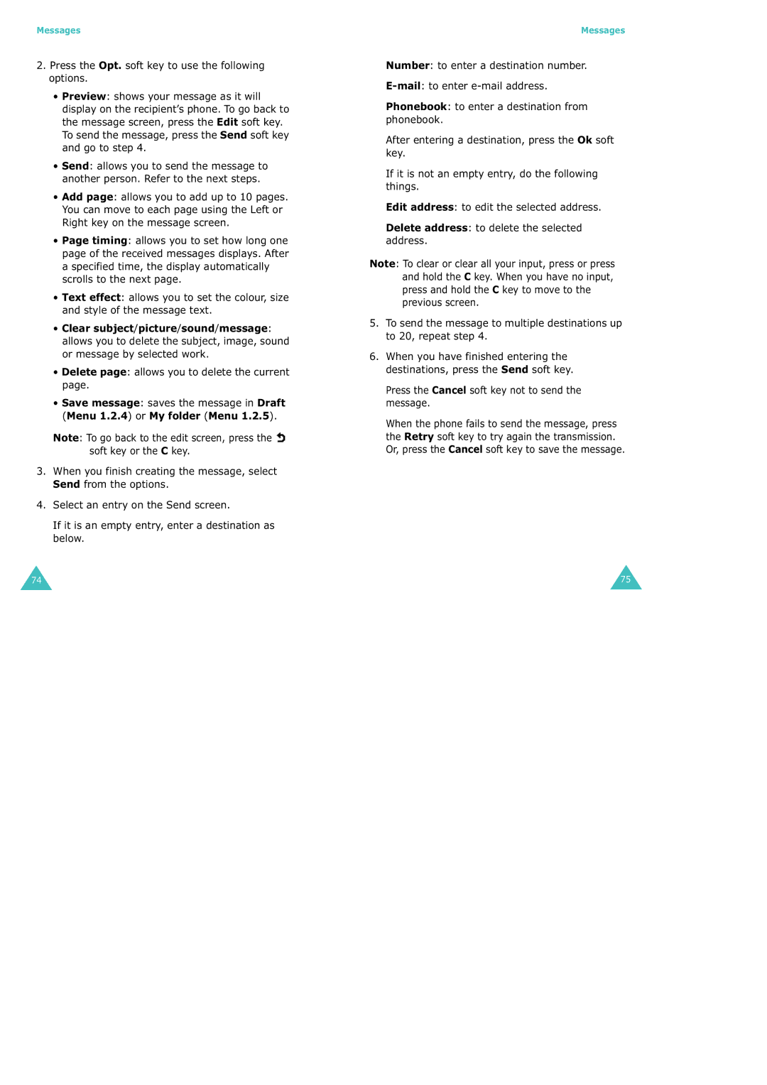 Samsung SGH-X100 manual Delete page allows you to delete the current, Press the Cancel soft key not to send the message 