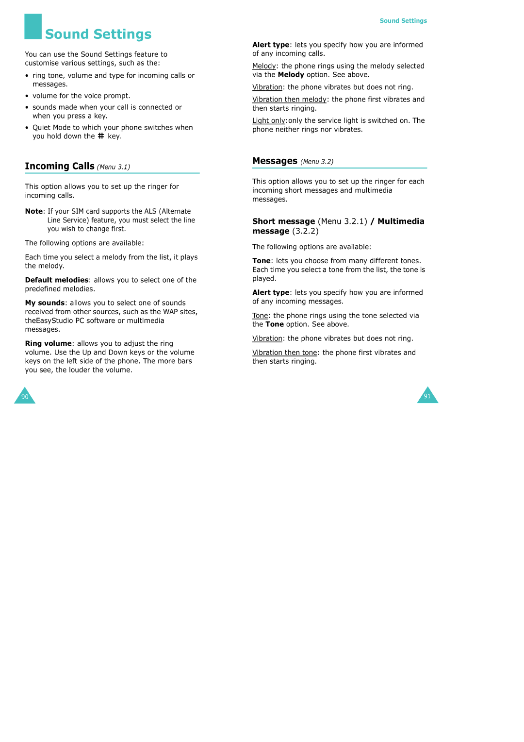 Samsung SGH-X100 manual Sound Settings, Incoming Calls Menu, Short message Menu 3.2.1 / Multimedia message, Messages Menu 